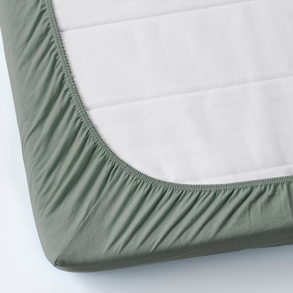 VÅRVIAL fitted sheet, grey-green, 140x200 cm