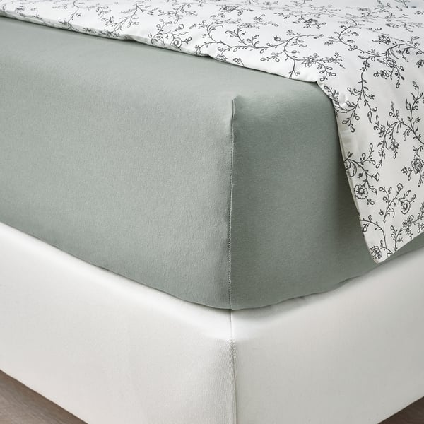 VÅRVIAL fitted sheet, grey-green, 140x200 cm