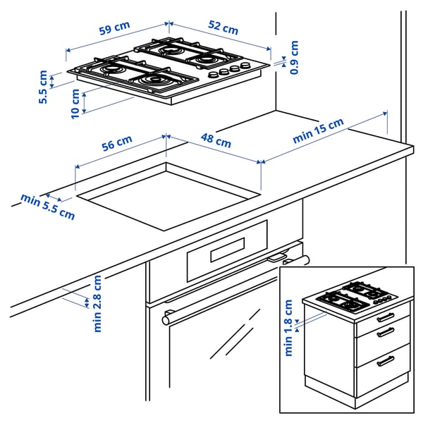 VASASTAN gas hob, IKEA 500 glass/white, 59 cm