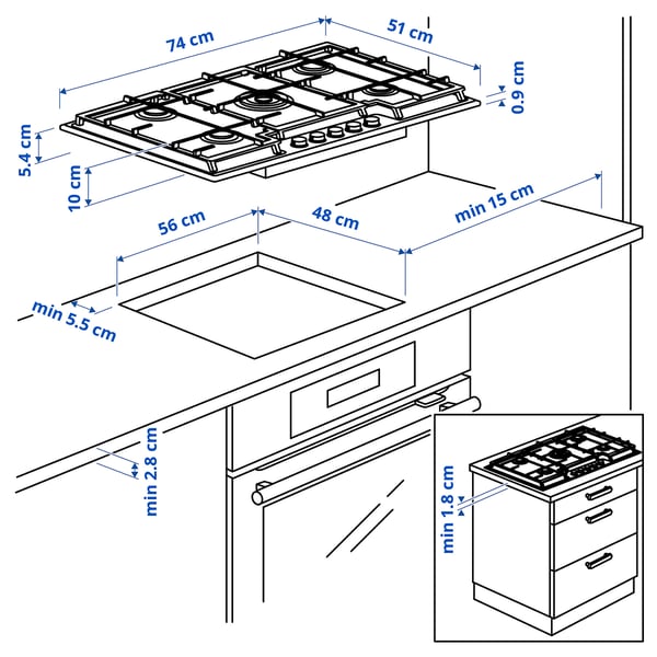 VASASTAN gas hob, IKEA 700 glass/black, 74 cm