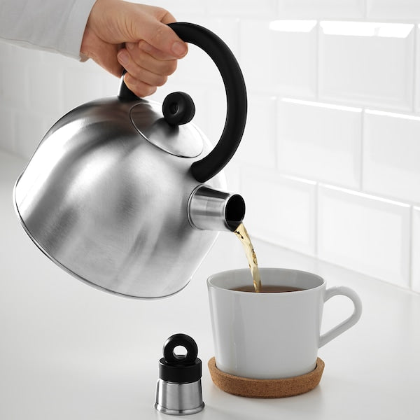 VATTENTÄT Whistling kettle, stainless steel/black,2l , 2 l