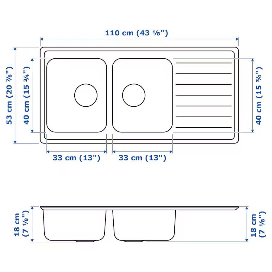 Ikea VATTUDALEN Inset sink, 2 bowls with drainboard, stainless steel, 110x53 cm