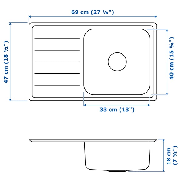 VATTUDALEN inset sink, 1 bowl with drainboard, stainless steel, 69x47 cm