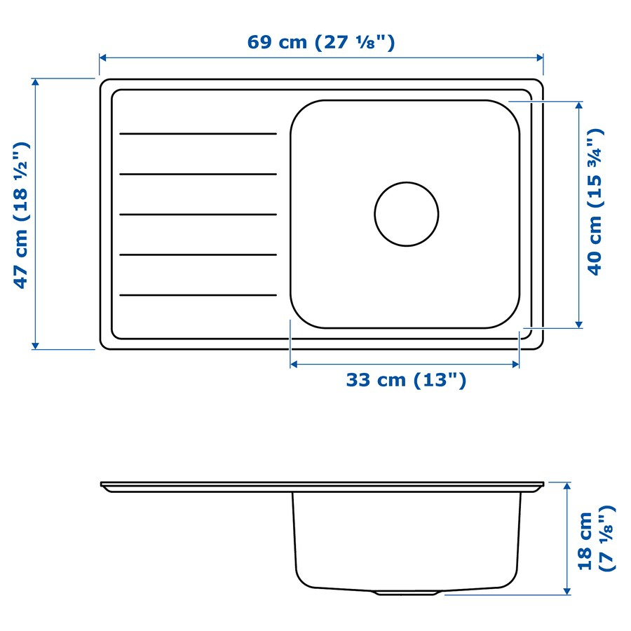 Ikea VATTUDALEN Inset sink, 1 bowl with drainboard, stainless steel, 69x47 cm