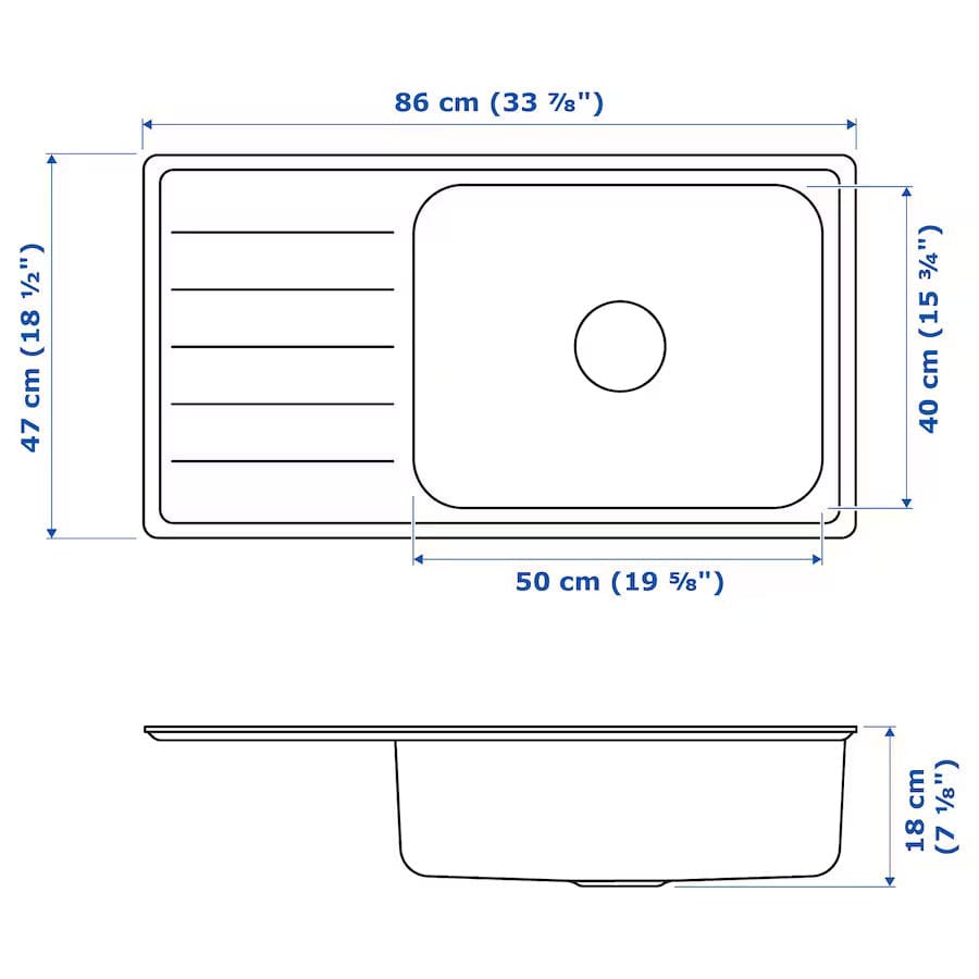 Ikea VATTUDALEN Built-in sink, 1 bowl/drainer, stainless steel,86x47 cm