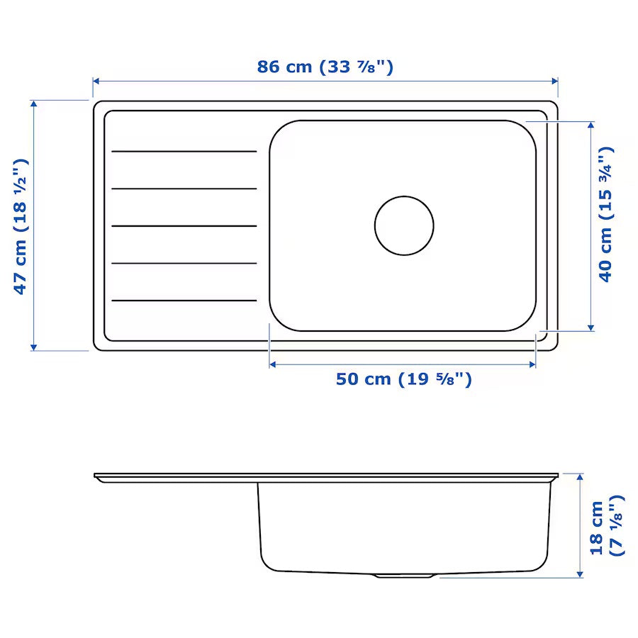 VATTUDALEN Built-in sink, 1 bowl/drainer, stainless steel,86x47 cm