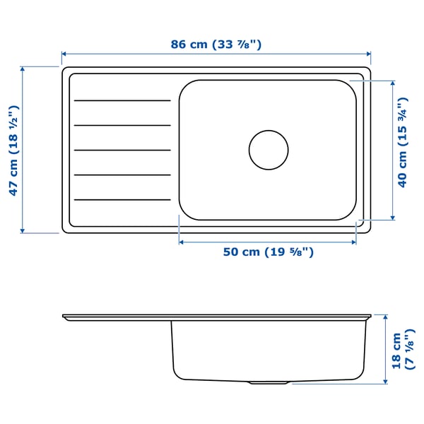 VATTUDALEN inset sink, 1 bowl with drainboard, stainless steel, 86x47 cm