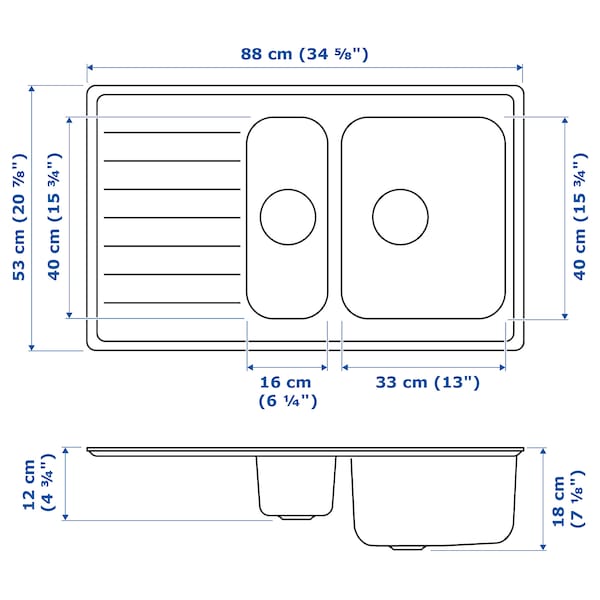 VATTUDALEN - Built-in 1 ½ bowl sink/drain, stainless steel, 88x53 cm