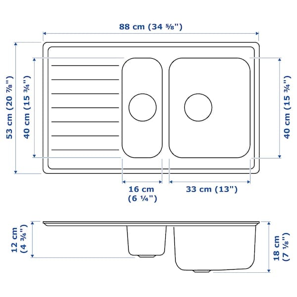 Ikea VATTUDALEN - Built-in 1 ½ bowl sink/drain, stainless steel, 88x53 cm