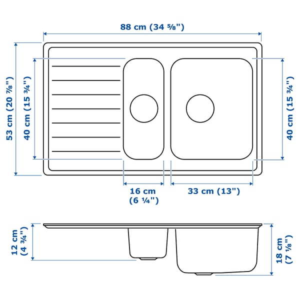 VATTUDALEN inset sink, 1 ½ bowl w drainboard, stainless steel, 88x53 cm
