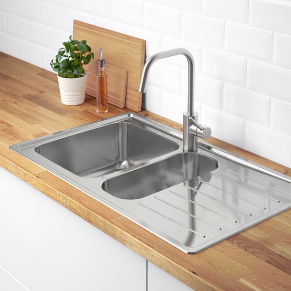 VATTUDALEN inset sink, 1 ½ bowl w drainboard, stainless steel, 88x53 cm