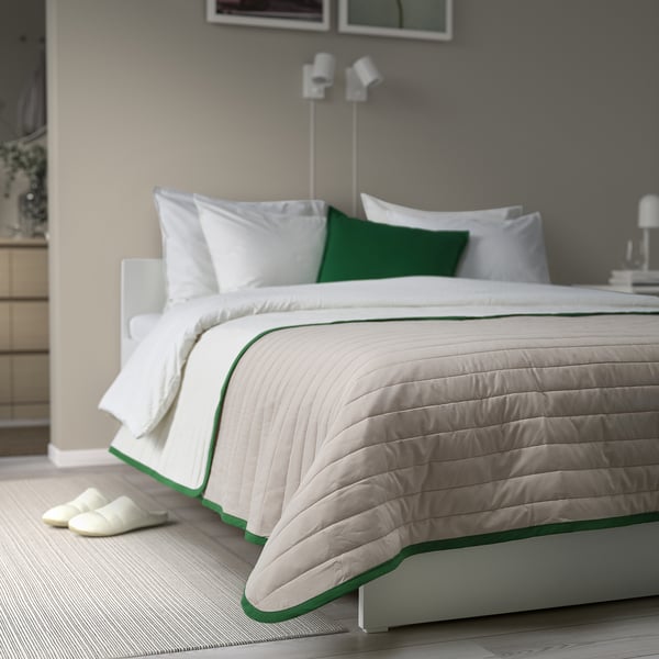 VETEJORDFLY bedspread, white/beige, 260x250 cm