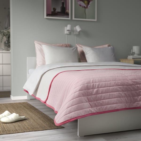 VETEJORDFLY bedspread, pink/white, 260x250 cm