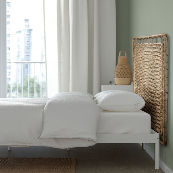 VEVELSTAD - Bed frame with 1 headboard, white/Tolkning rattan, 90x200 cm