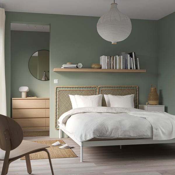 VEVELSTAD bed frame with 2 headboards, white/Tolkning rattan, 160x200 cm