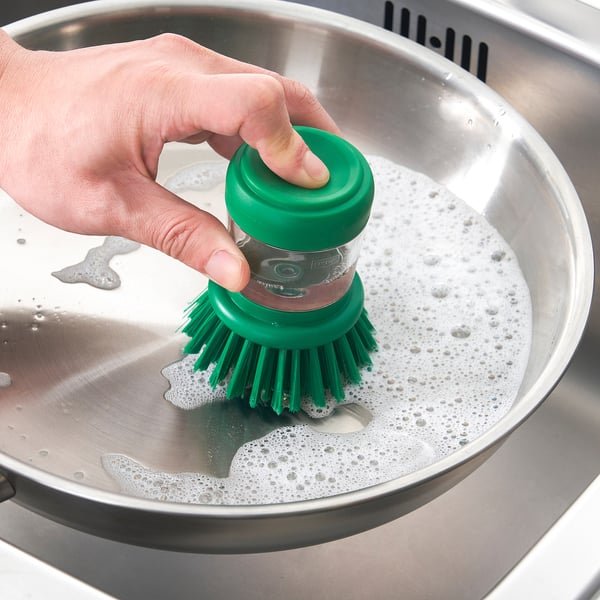 VIDEVECKMAL dish-washing brush with dispenser, bright green, 6 cm