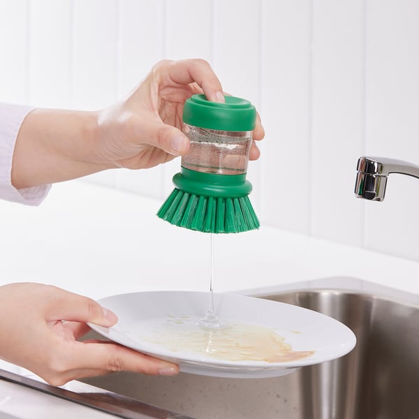 VIDEVECKMAL dish-washing brush with dispenser, bright green, 6 cm