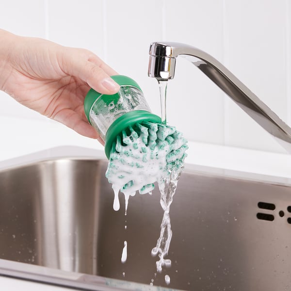 VIDEVECKMAL dish-washing brush with dispenser, bright green, 6 cm