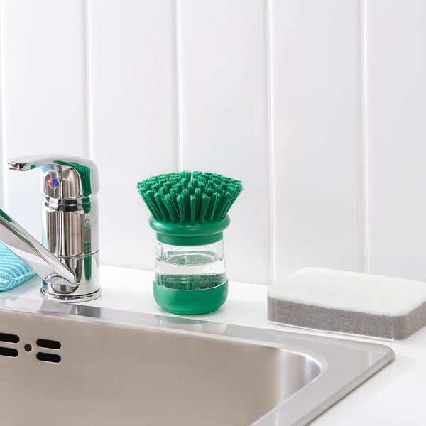 VIDEVECKMAL dish-washing brush with dispenser, bright green, 6 cm