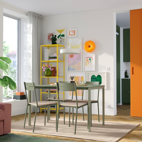 VIHALS / BUSLÄTT table and 4 chairs, green green/grey-green pine, 125x74 cm
