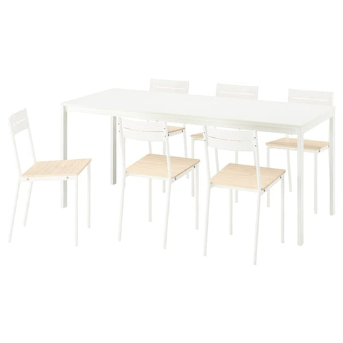 VIHALS / BUSLÄTT table and 6 chairs, white/white pine, 120/180x74 cm