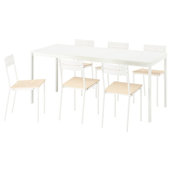 VIHALS / BUSLÄTT - VIHALS / BUSLÄTT Table and 6 chairs, white/white pine, 120/180x74 cm