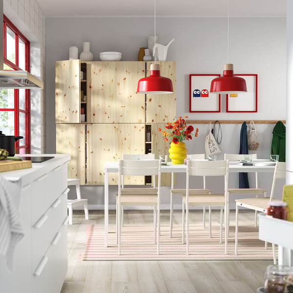 VIHALS / BUSLÄTT table and 6 chairs, white/white pine, 120/180x74 cm