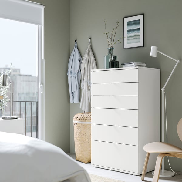 VIHALS chest of 6 drawers, white/anchor/unlock-function, 70x47x120 cm