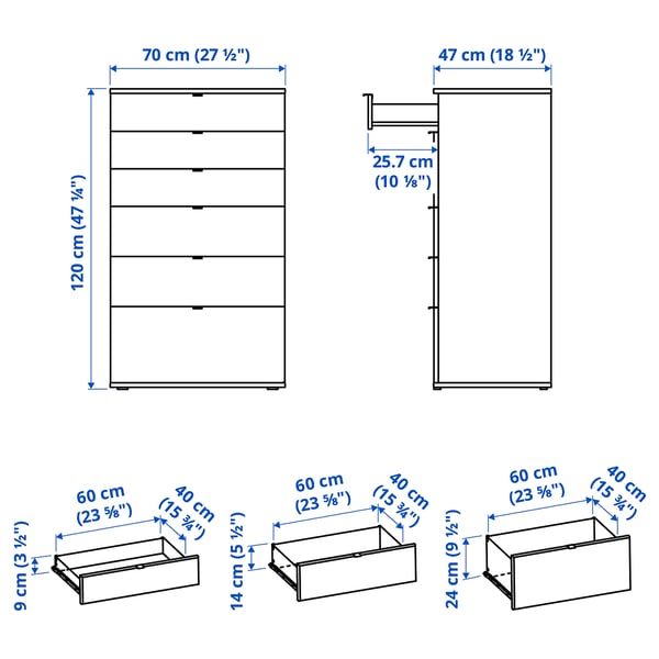 VIHALS chest of 6 drawers, white/anchor/unlock-function, 70x47x120 cm
