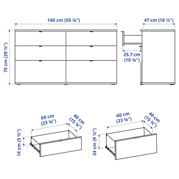 VIHALS - Chest of 6 drawers, white/anchor/unlock-function, 140x47x75 cm