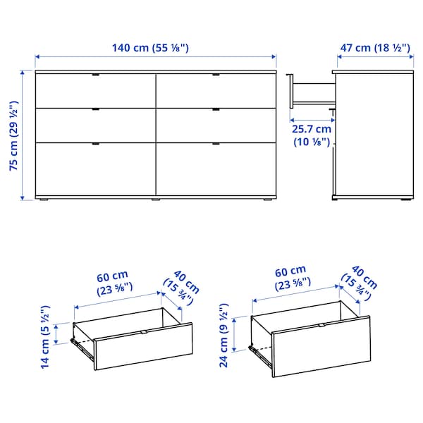 Ikea VIHALS - Chest of 6 drawers, white/anchor/unlock-function, 140x47x75 cm