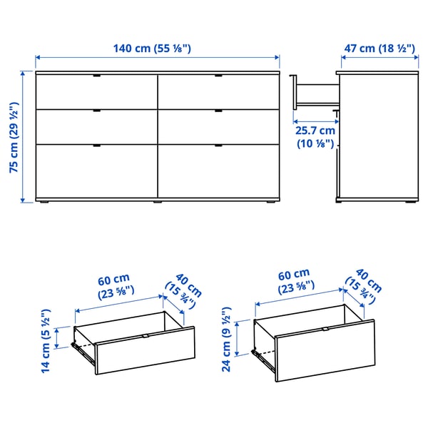VIHALS chest of 6 drawers, white/anchor/unlock-function, 140x47x75 cm