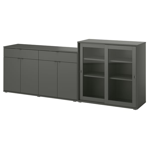VIHALS - VIHALS Storage combination w glass doors, dark grey/clear glass, 235x37x90 cm