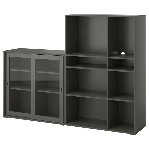 VIHALS storage combination w glass doors, dark grey/clear glass, 190x37x140 cm