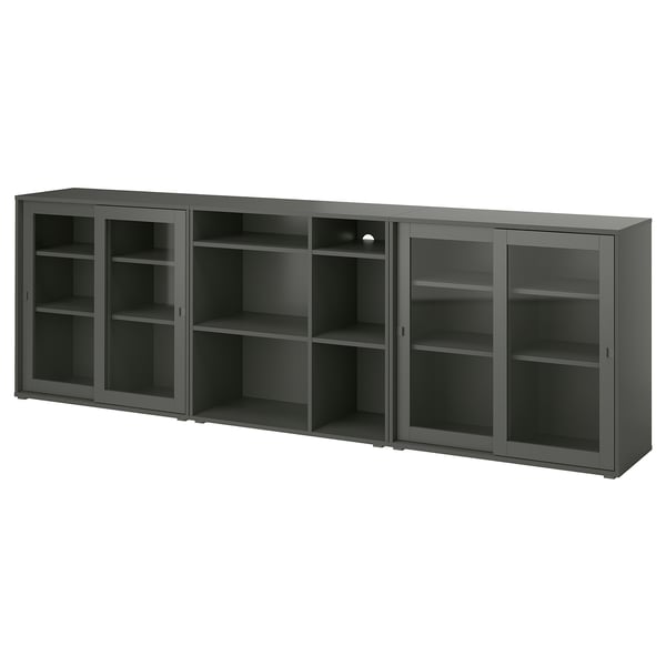 VIHALS - VIHALS Storage combination w glass doors, dark grey/clear glass, 285x37x90 cm