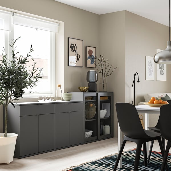 VIHALS storage combination w glass doors, dark grey/clear glass, 235x37x90 cm