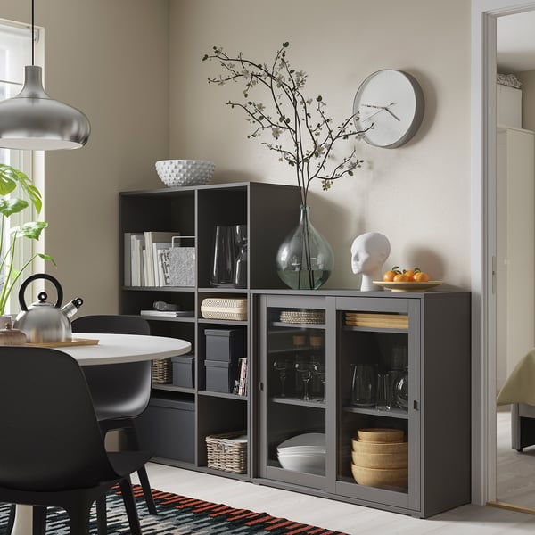 VIHALS storage combination w glass doors, dark grey/clear glass, 190x37x140 cm