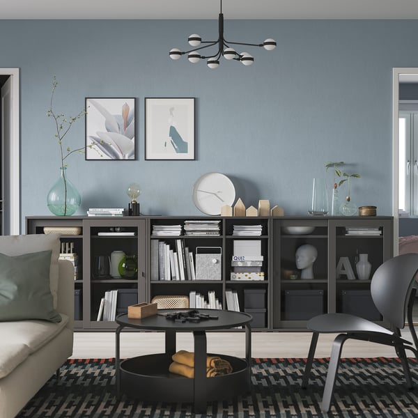 VIHALS - VIHALS Storage combination w glass doors, dark grey/clear glass, 285x37x90 cm