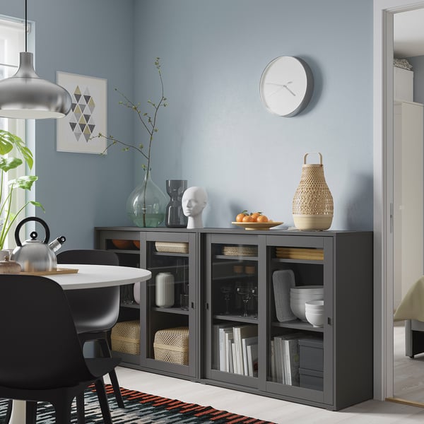 VIHALS - VIHALS Storage combination w glass doors, dark grey/clear glass, 190x37x90 cm