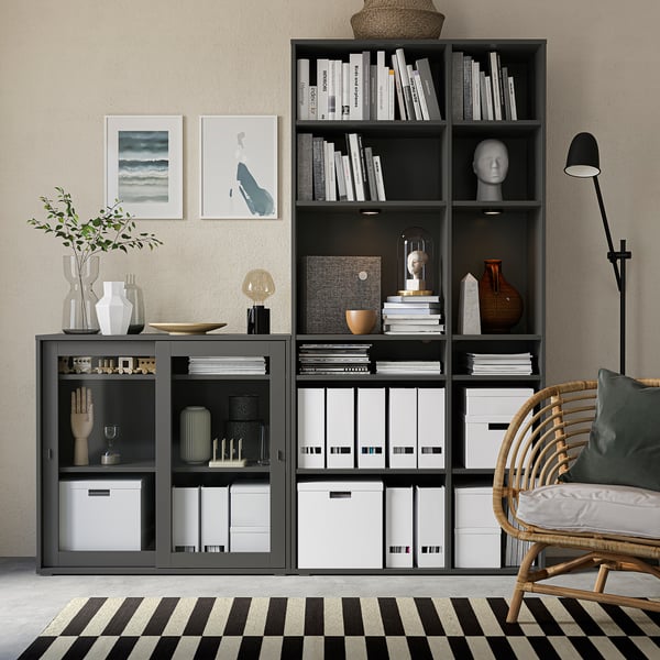 VIHALS storage combination w glass doors, dark grey/clear glass, 190x37x200 cm