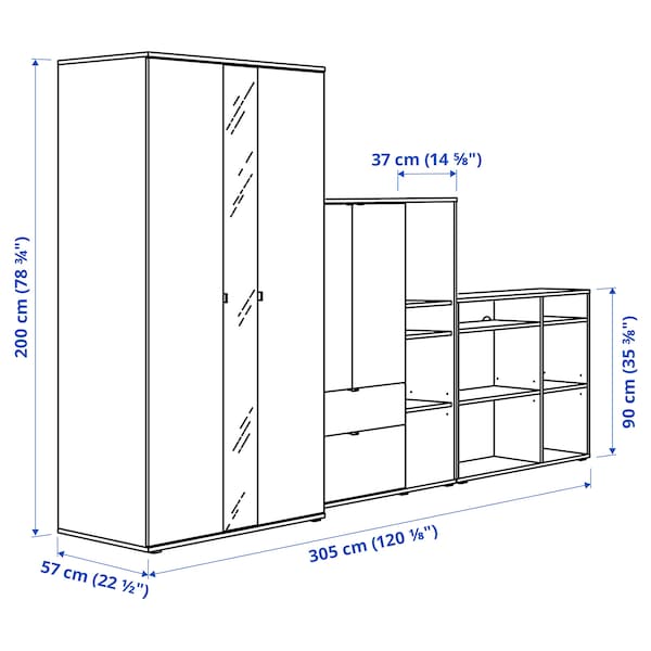 Ikea VIHALS - Wardrobe combination, white/mirror glass, 305x57x200 cm