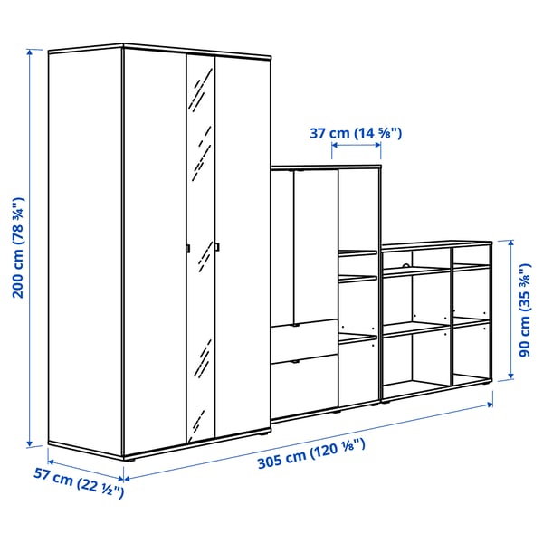 VIHALS wardrobe combination, white/mirror glass, 305x57x200 cm
