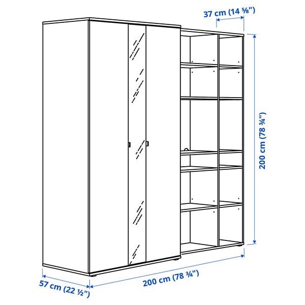 Ikea VIHALS - Wardrobe combination, white/mirror glass, 200x57x200 cm