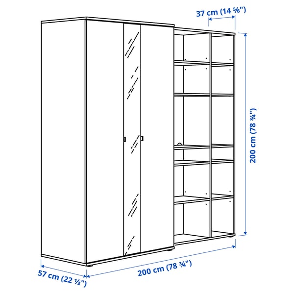 VIHALS wardrobe combination, white/mirror glass, 200x57x200 cm