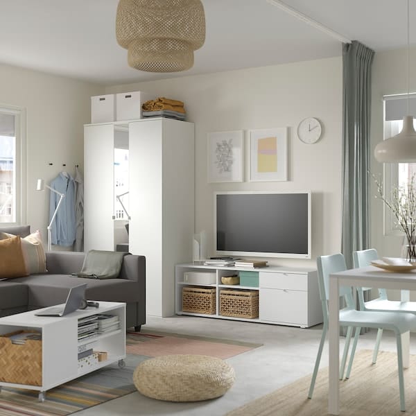 Ikea VIHALS - Wardrobe and bench combination, white/mirror glass, 251x57x200 cm