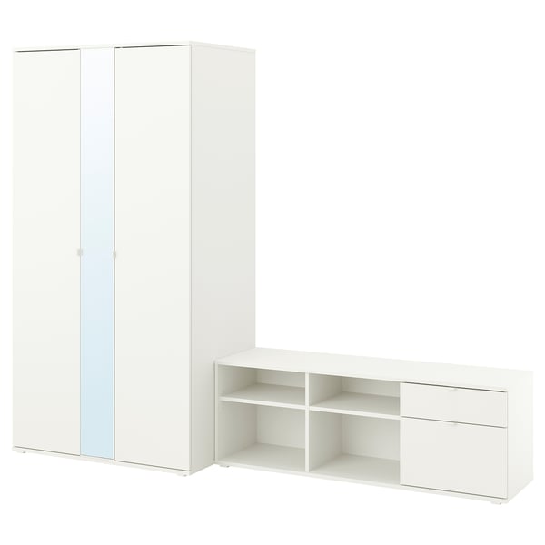 VIHALS wardrobe and bench combination, white/mirror glass, 251x57x200 cm