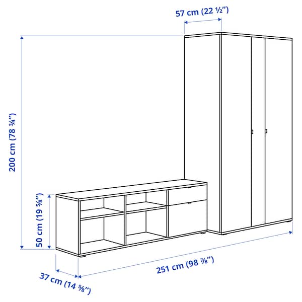Ikea VIHALS - Wardrobe and bench combination, white/mirror glass, 251x57x200 cm