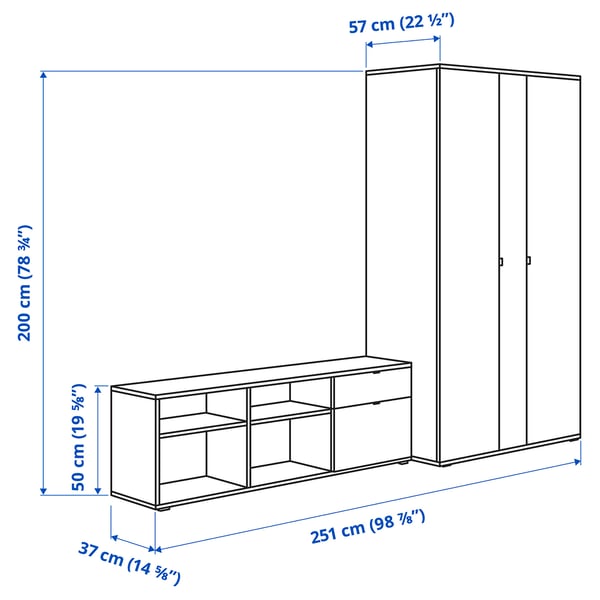 VIHALS wardrobe and bench combination, white/mirror glass, 251x57x200 cm