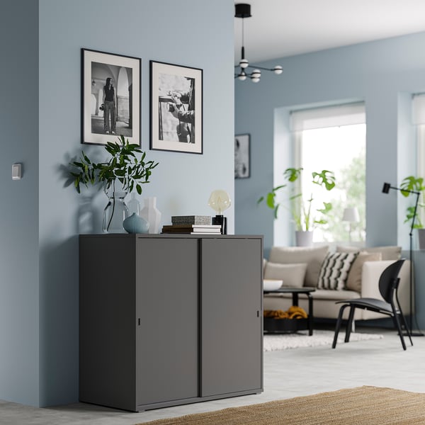 VIHALS cabinet with sliding doors, dark grey, 95x47x90 cm