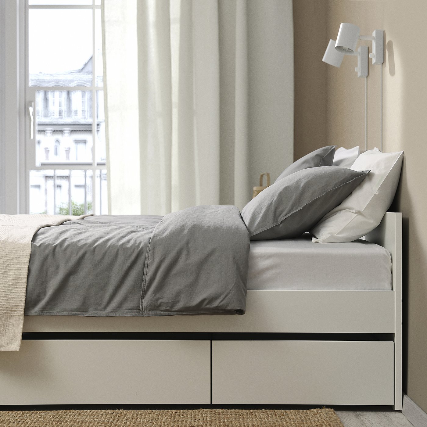 VIHALS bed frame with 2 storage boxes, white/Lillhällan, 200x160 cm